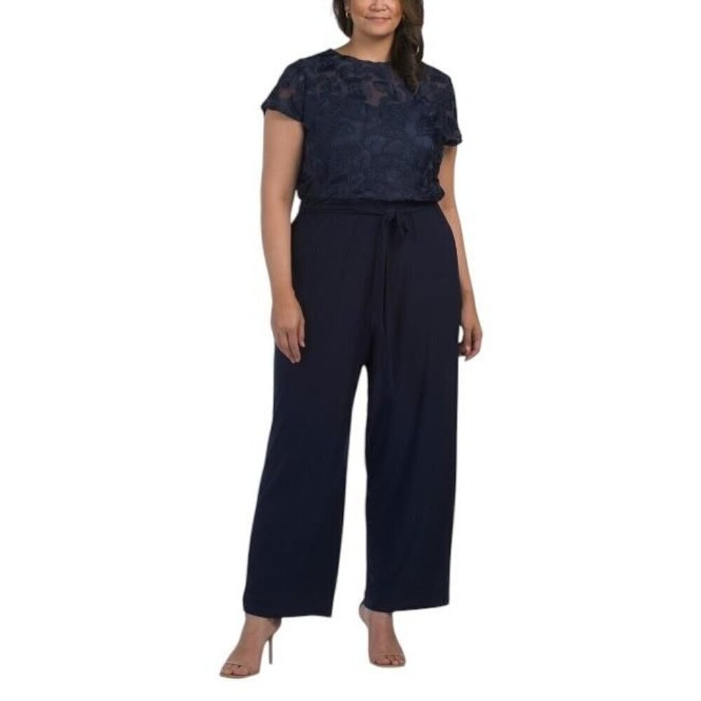 Marina Womens Navy Blue Lace Short Sleeve Wide Leg Jumpsuit Plus Sz 3X New